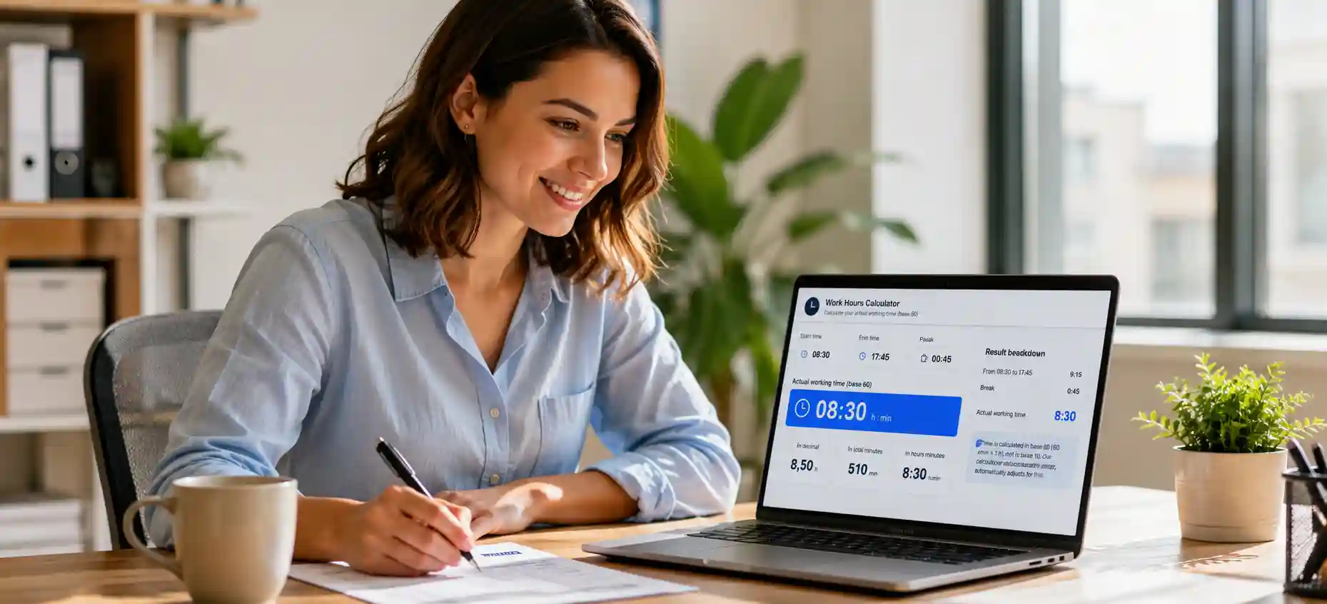 Jeune femme souriante calculant ses heures de travail sur un ordinateur portable dans un bureau lumineux