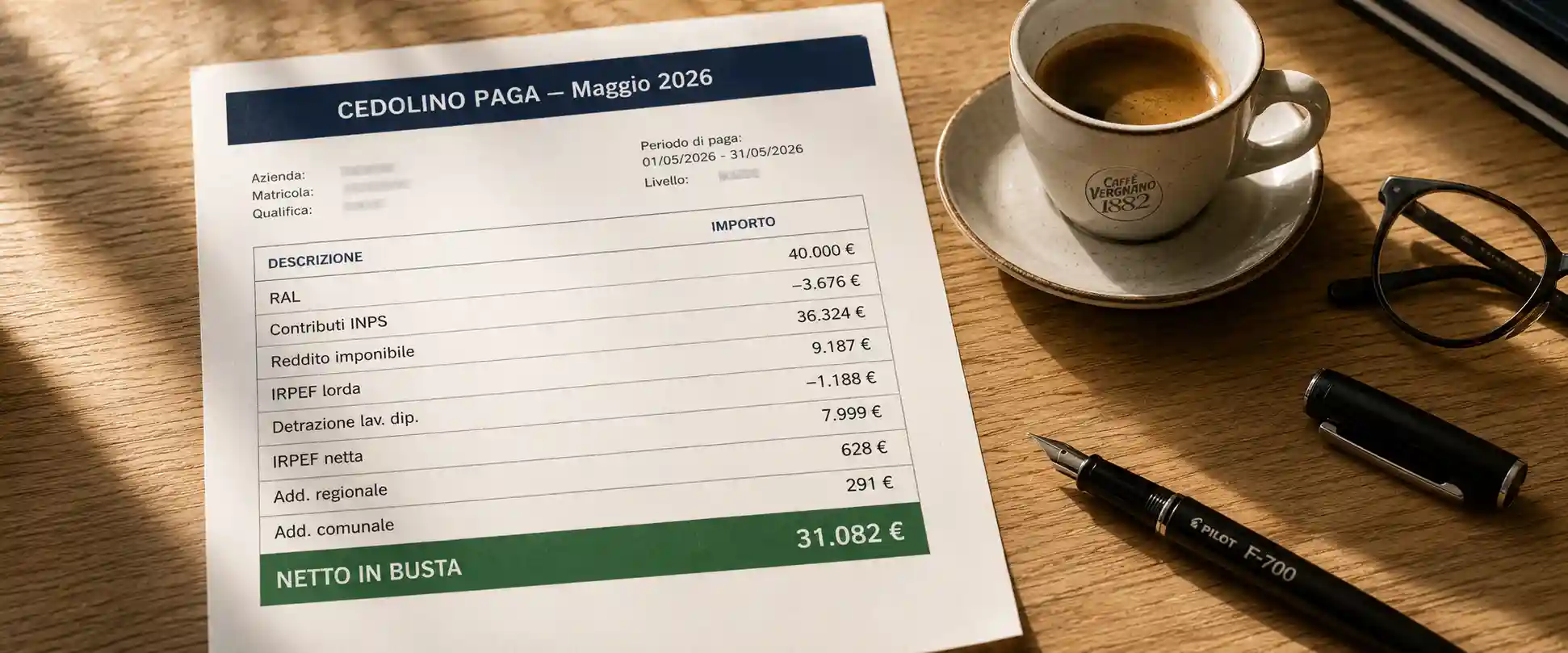 Illustrazione stilizzata di una busta paga italiana con le voci: RAL, contributi INPS, reddito imponibile, IRPEF lorda, detrazione, IRPEF netta, addizionali e netto in busta